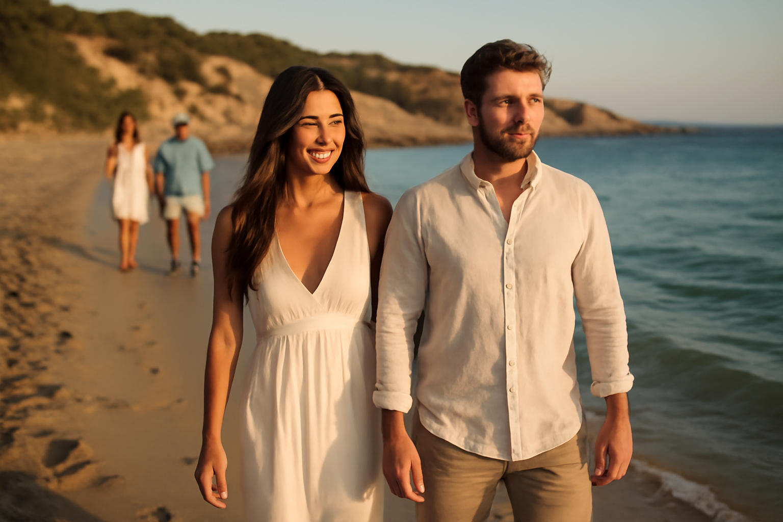 iris mittenaere dupont en vacances en Sardaigne, photo réaliste au bord de l’eau