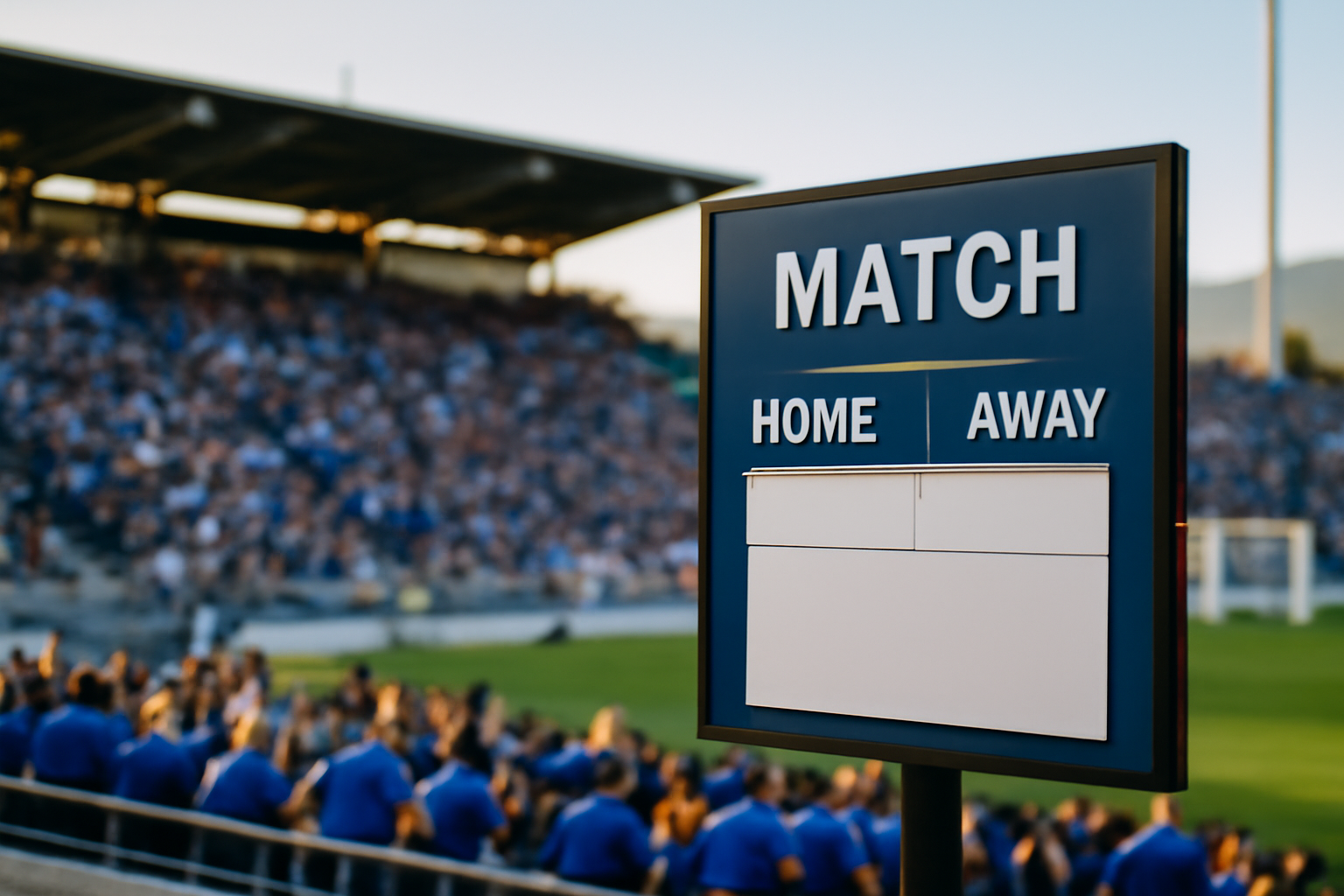 Stade de Furiani avec supporters et panneau indiquant les matchs de sporting club de bastia
