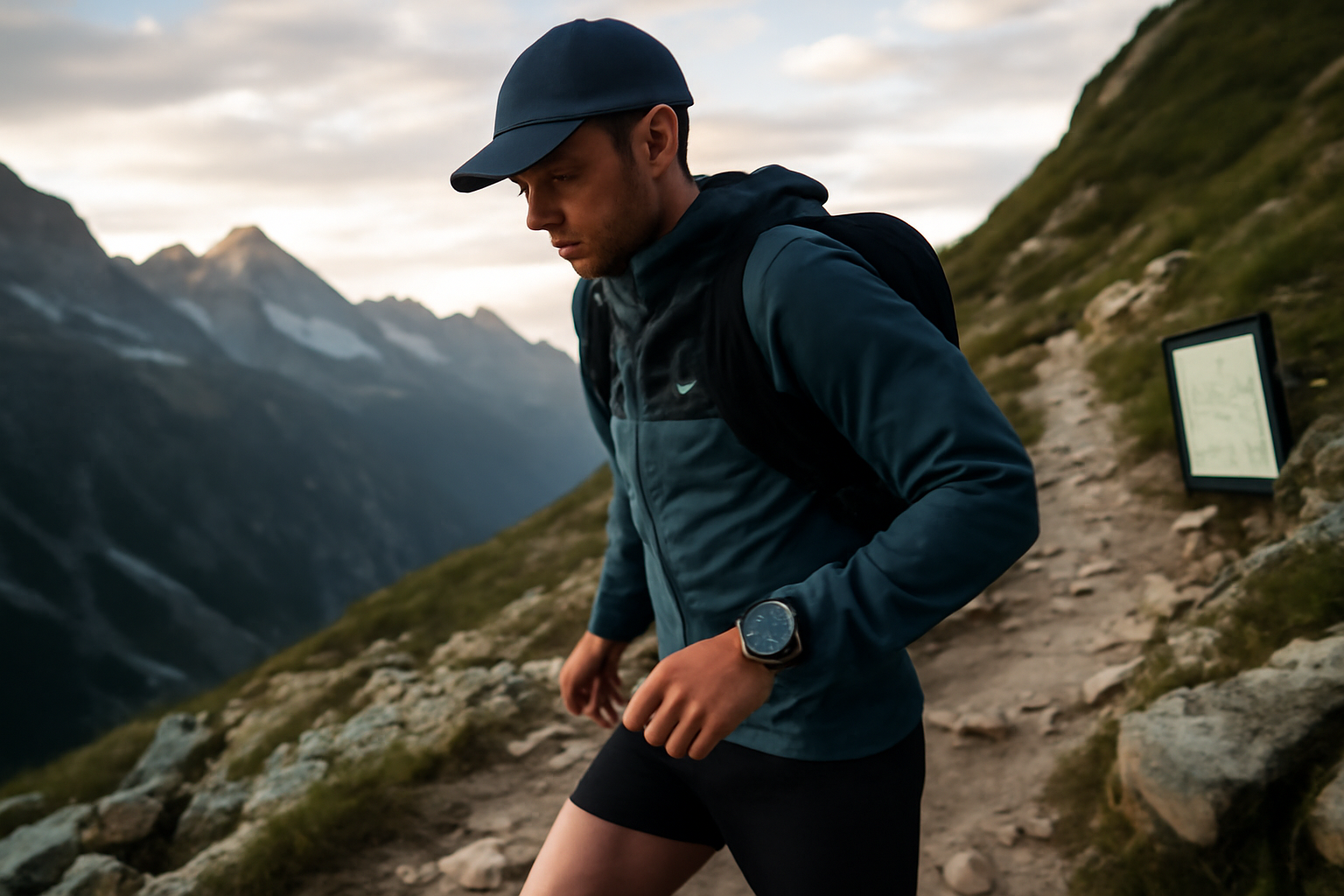 Montre GPS Coros vertix sur un sentier de montagne au lever du jour