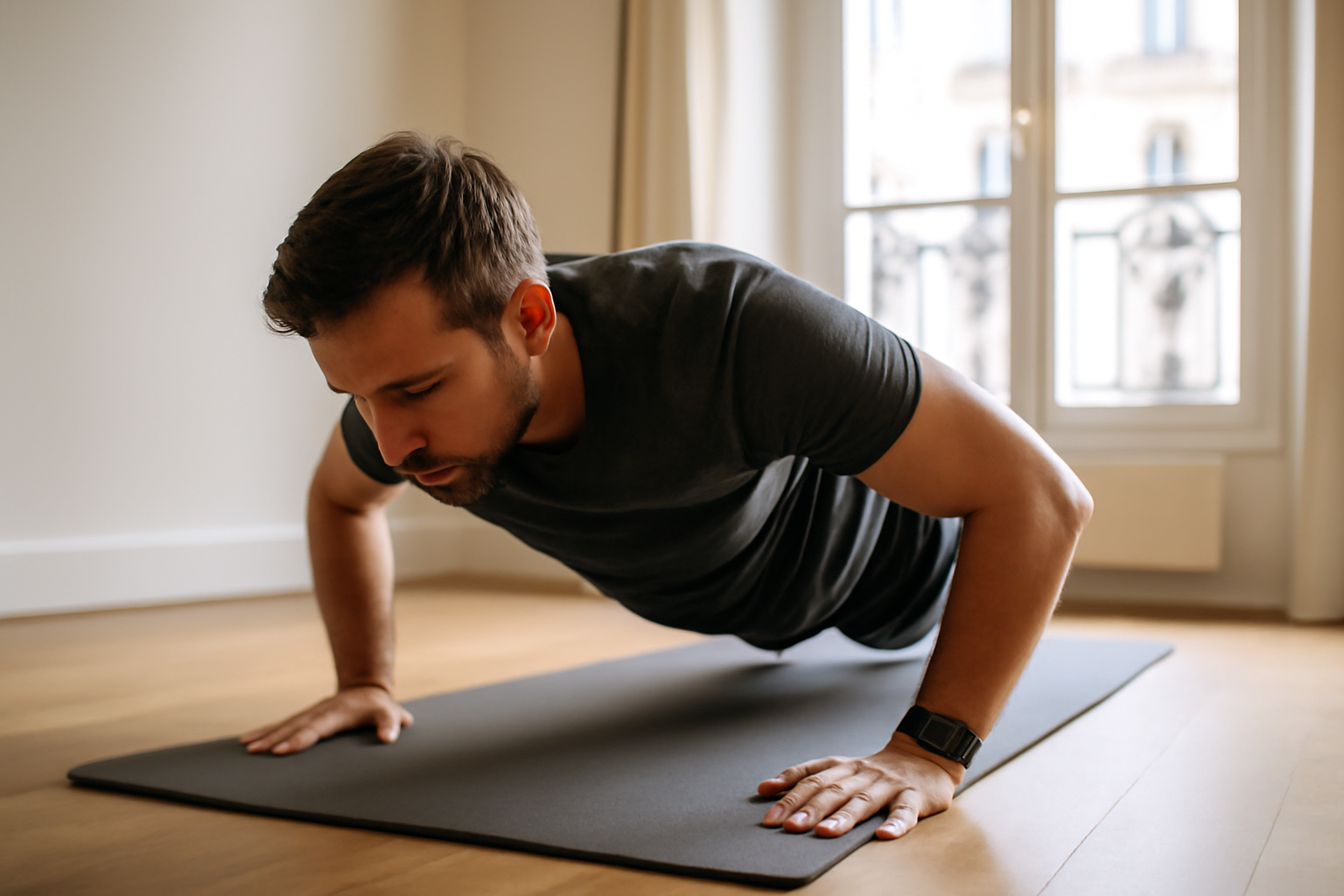 Personne faisant des pompes au sol pour l’objectif 100 pompes, lumière naturelle, posture gainée