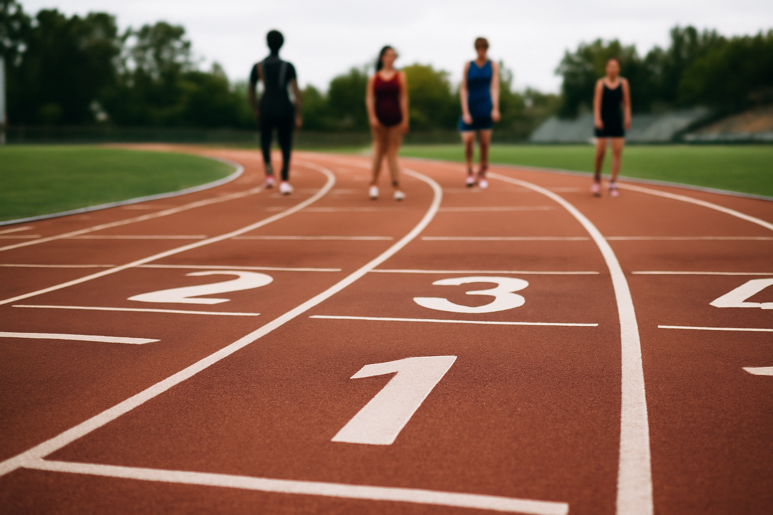 piste d’athlétisme avec couloirs et marquages vus depuis le départ