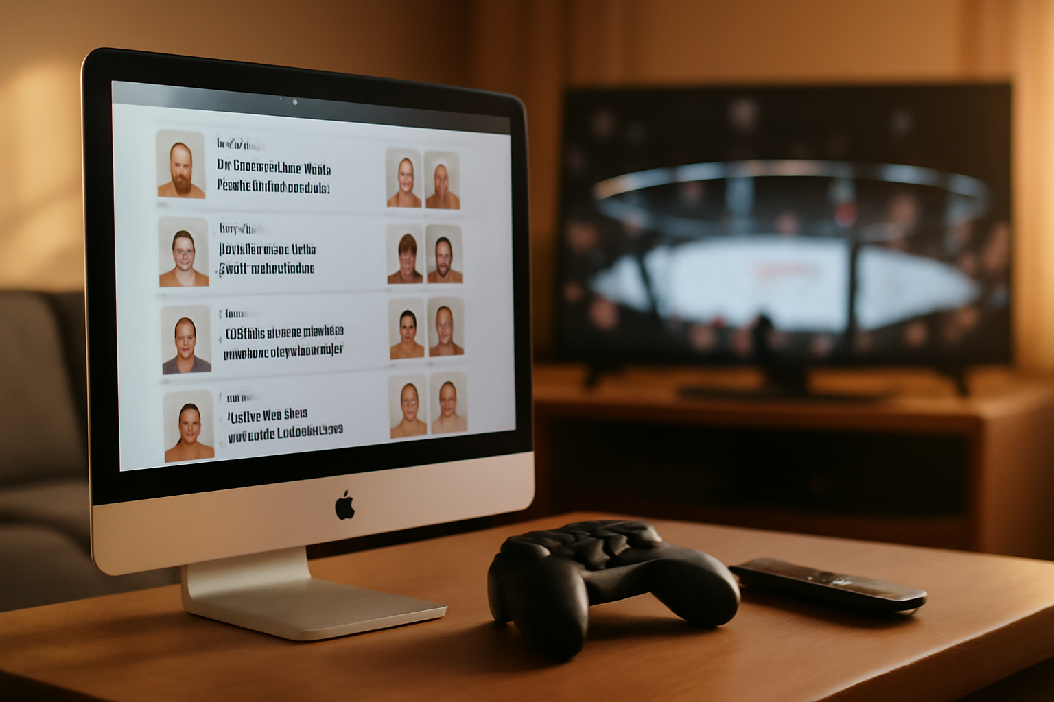 Calendrier du prochain ufc sur écran, billets et téléviseur dans un salon moderne, photo réaliste