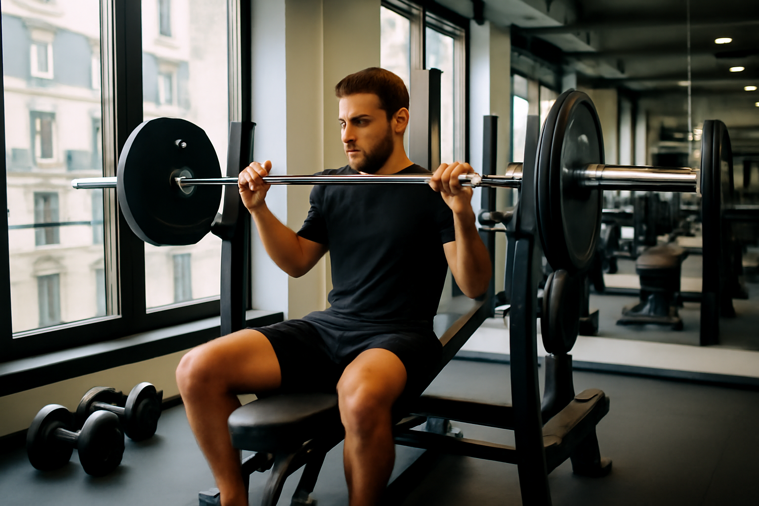 Split push pull legs en salle de sport : homme préparant un développé couché et haltères sur banc