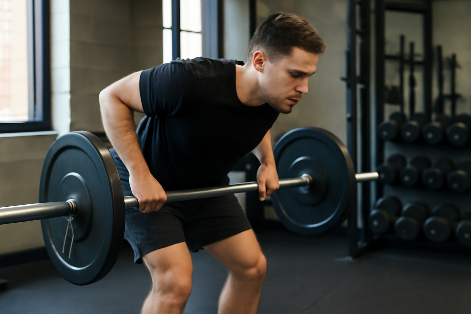 Rowing à la barre : dos neutre, tronc gainé et coudes vers le bas du ventre dans une salle de sport
