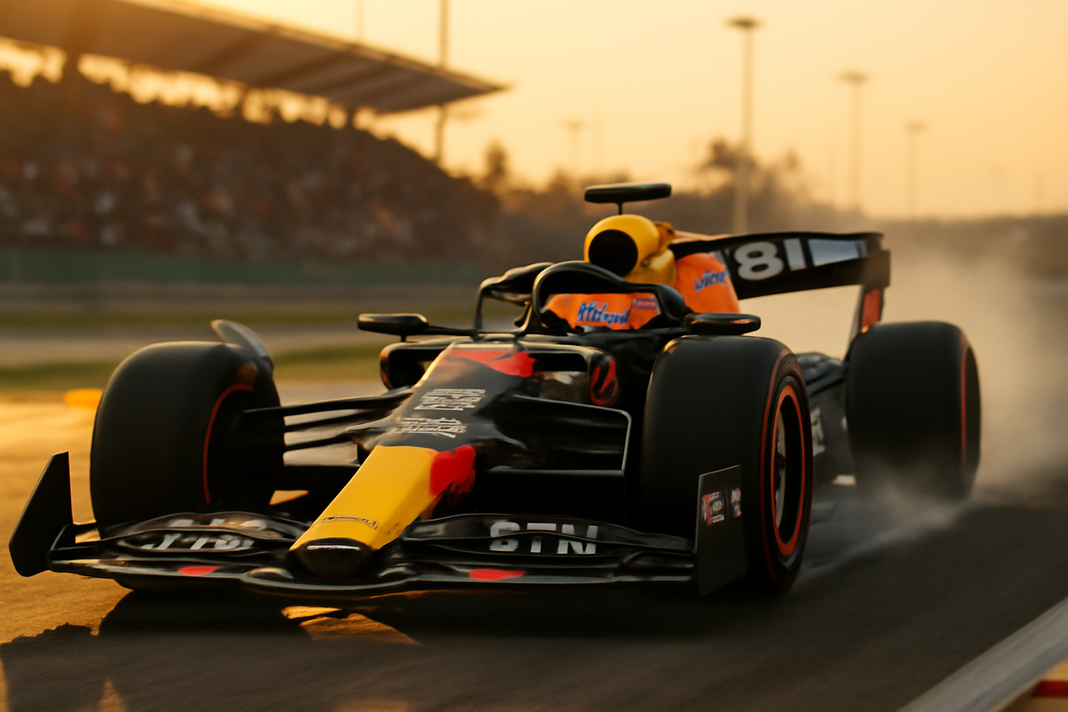 Sergio Pérez en Formule 1 sur le circuit, casque et monoplace au coucher du soleil