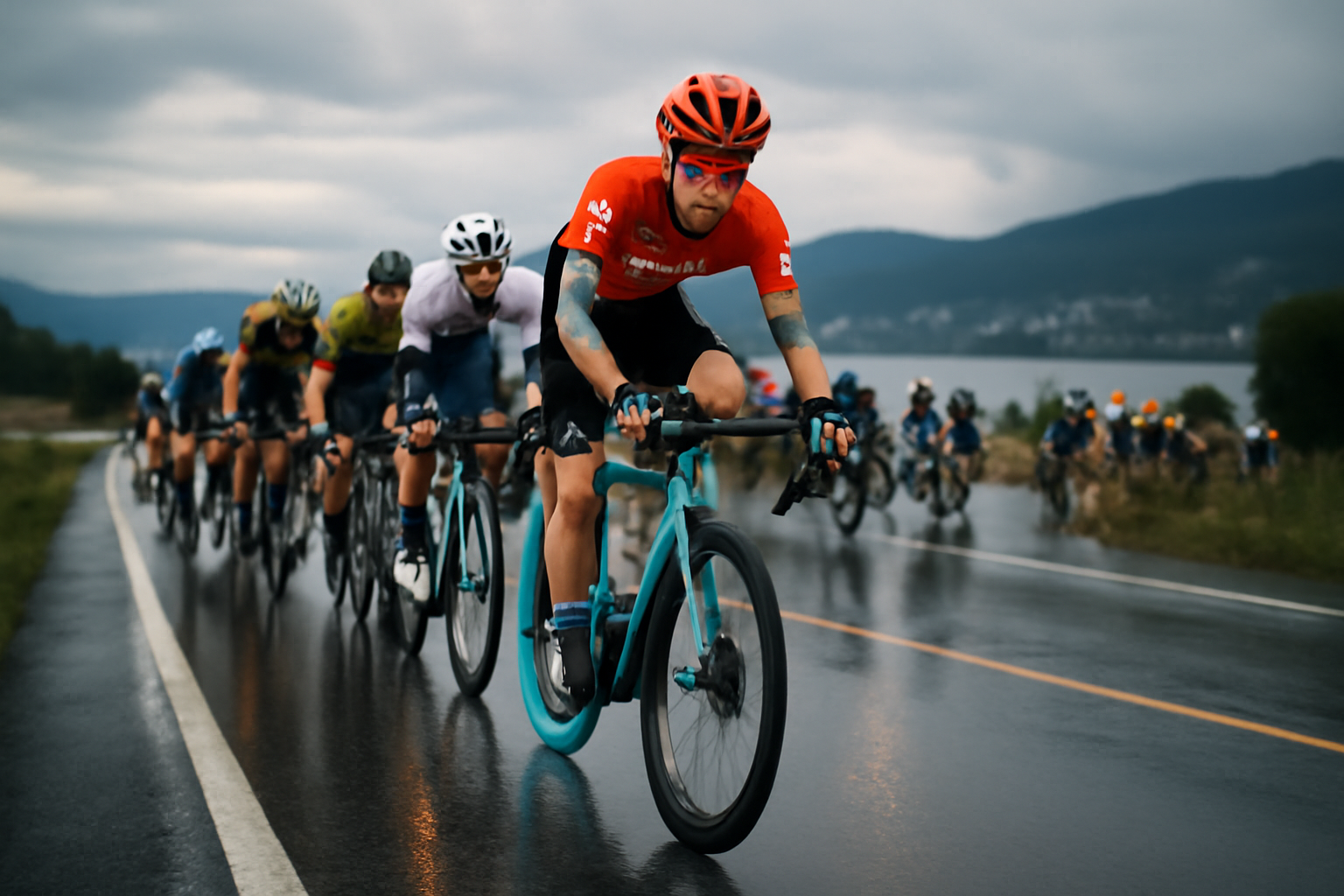 torsteen traen en course sur route, Norvège, peloton sous la pluie, lumière de fin d’après-midi
