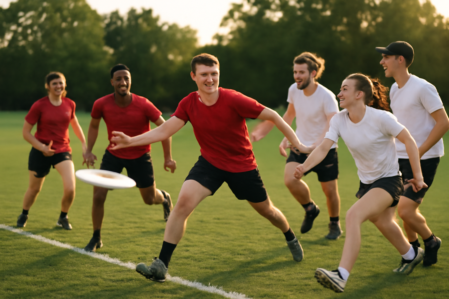 ultimate frisbee sur un terrain extérieur, disque volant et joueurs en action