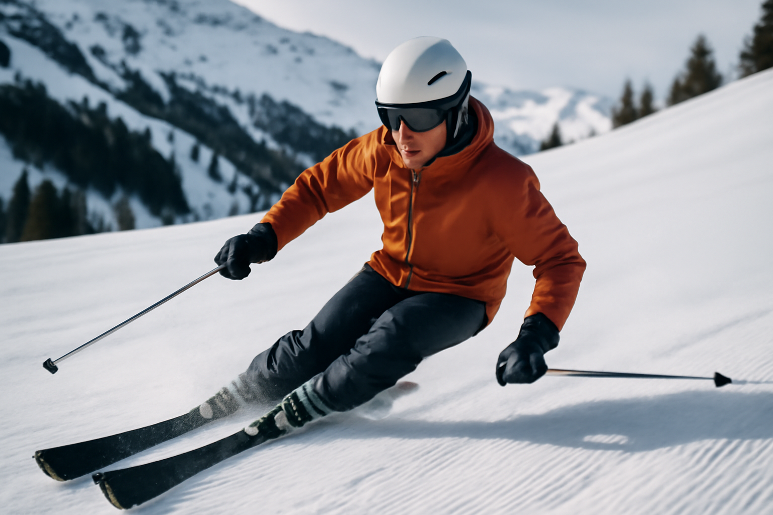 virage pour un skieur : skieur en pleine courbe en station