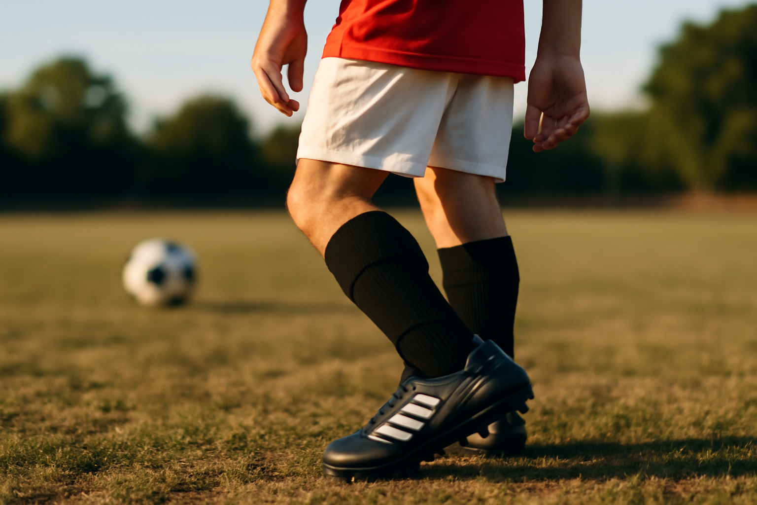 Chaussures adidas Copa sur terrain ferme avec crampons visibles et ballon en arrière-plan, lumière naturelle