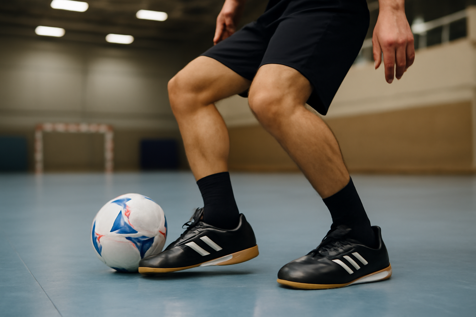 Chaussures adidas Copa Gloro sur sol intérieur synthétique, joueur en position de contrôle, lumière de gymnase