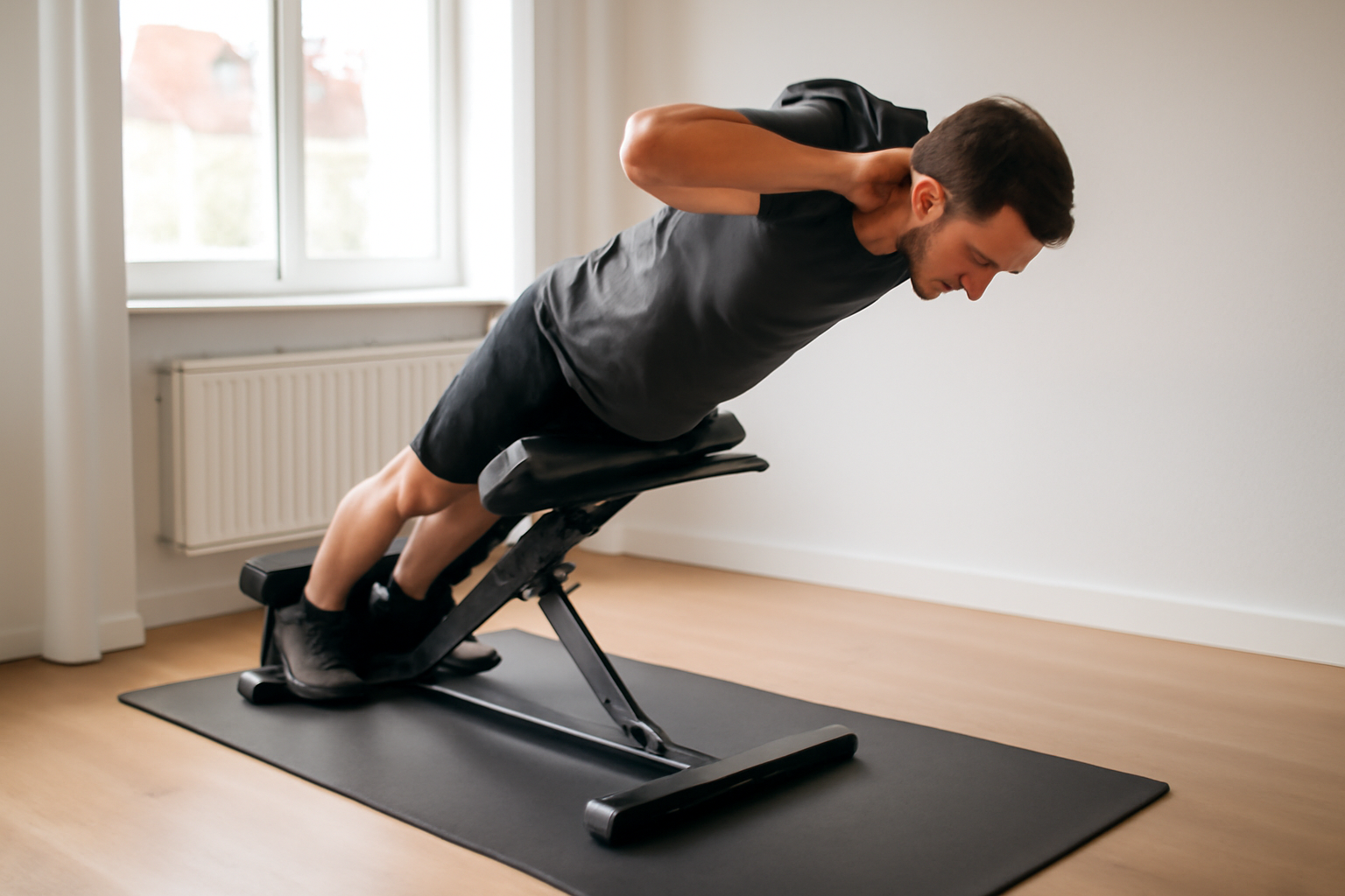 banc pour lombaires réglable en salle de sport à domicile, personne en position de départ