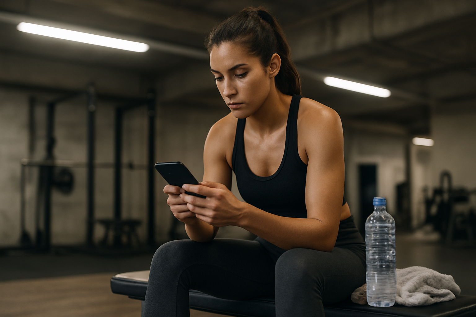 Femme prenant des notes sur son téléphone après une séance de musculation, eau à côté, salle éclairée, ambiance calme