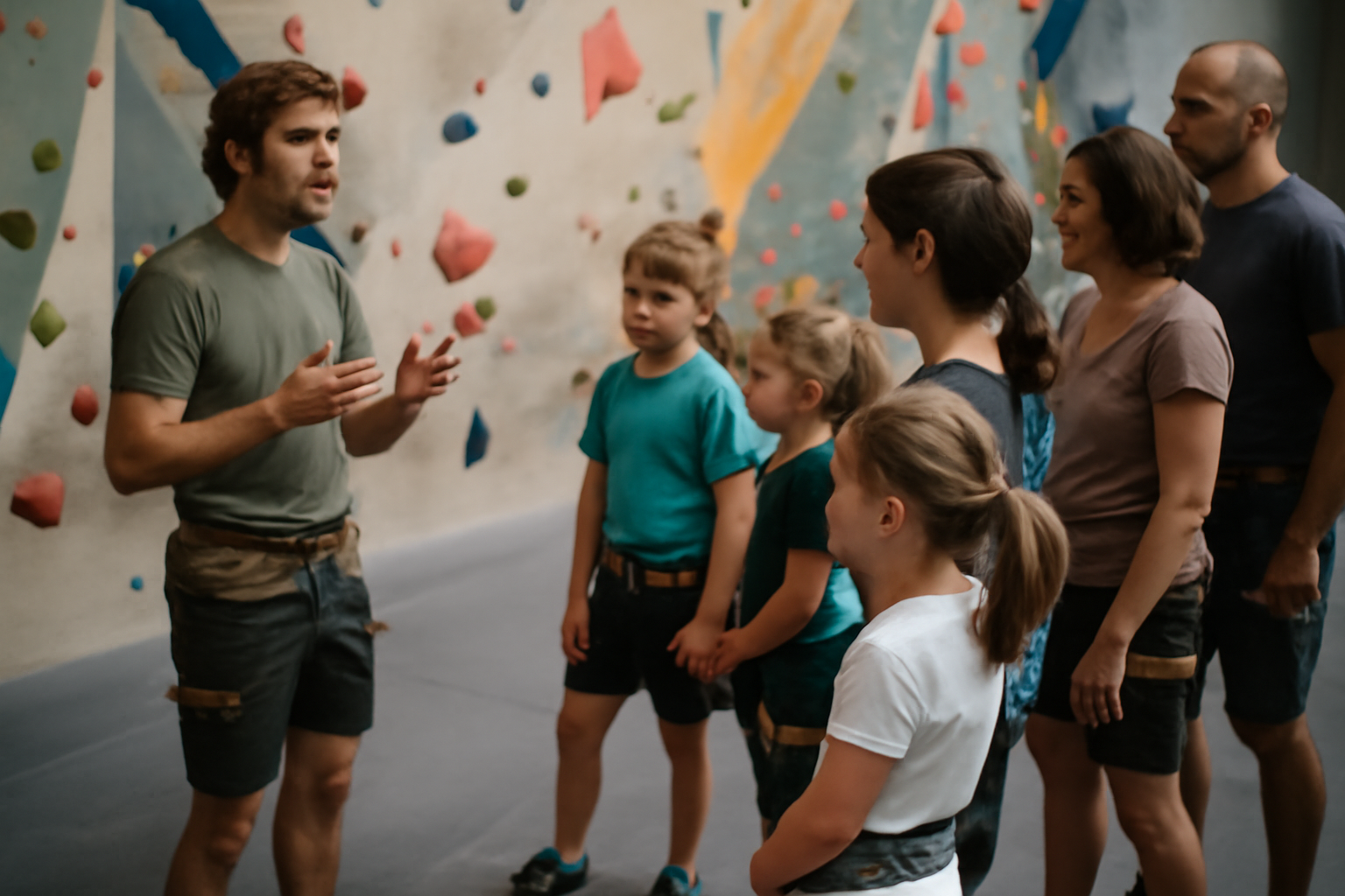Enfants et adultes en salle d’escalade aux Ponts-de-Cé, briefing sécurité avant de grimper