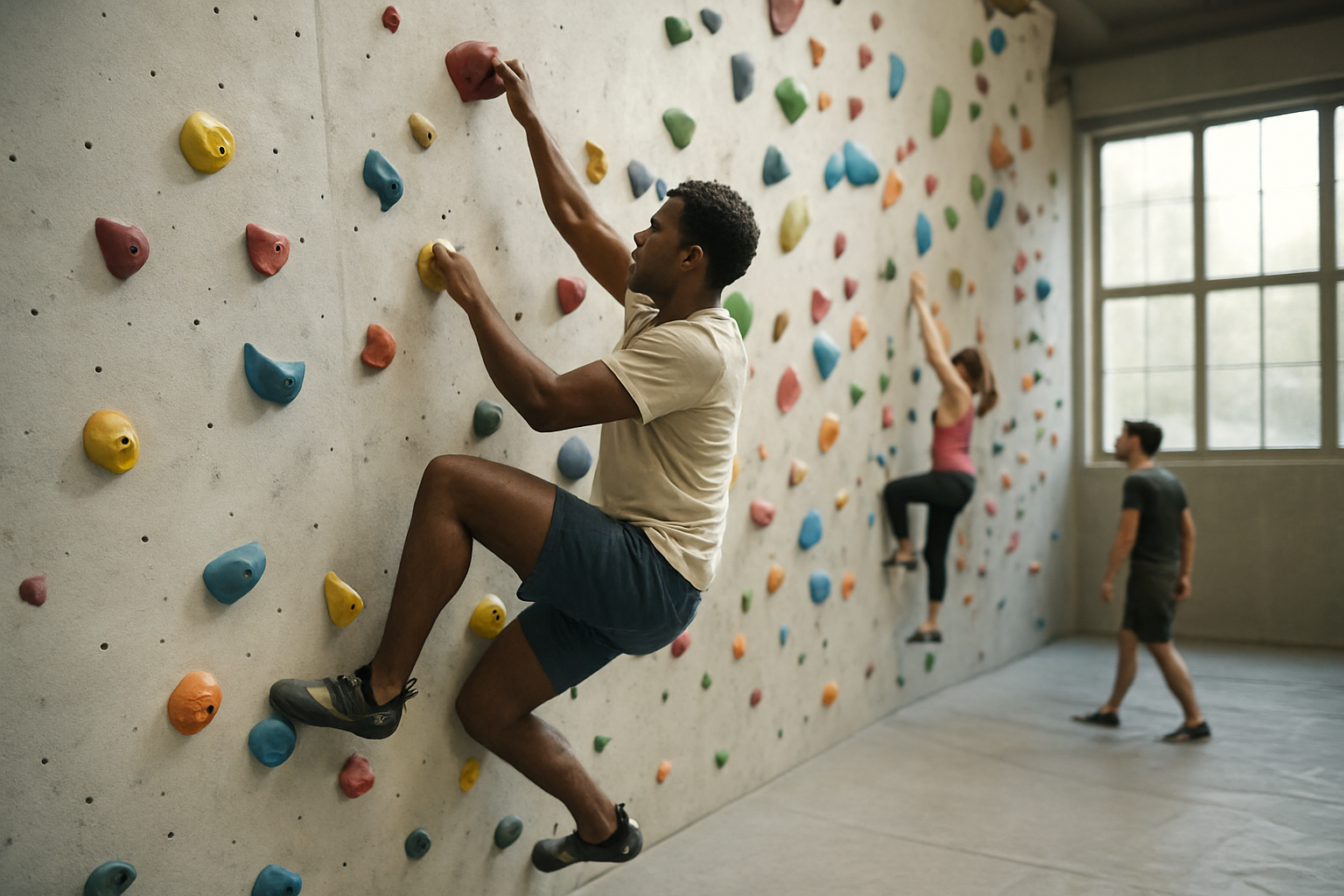 Grimpeur en chaussons sur un mur de bloc à Climb Up Aubervilliers, ambiance intérieure avec lumière naturelle