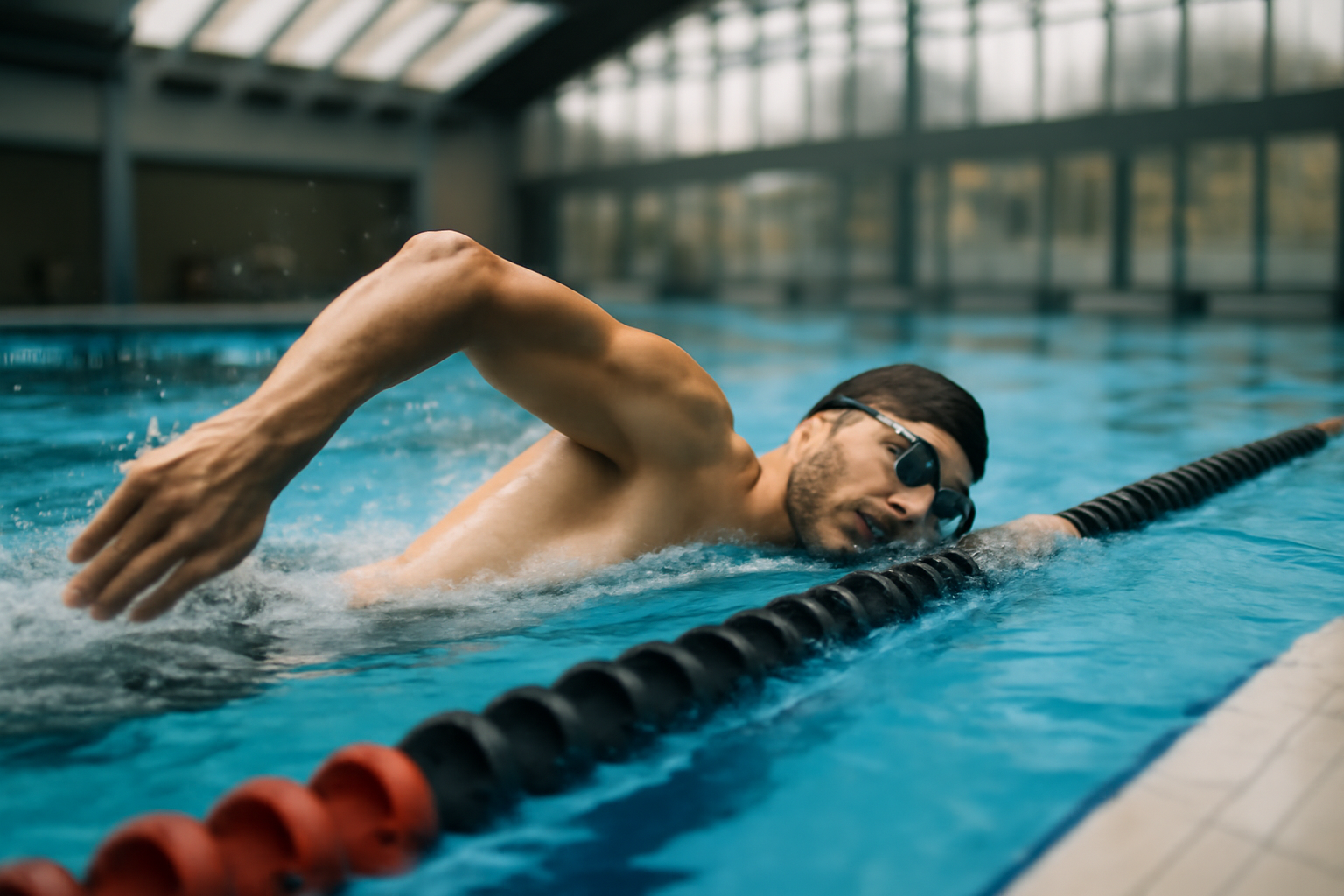 nageur apprenant comment nager le crawl en bassin, alignement du corps et respiration