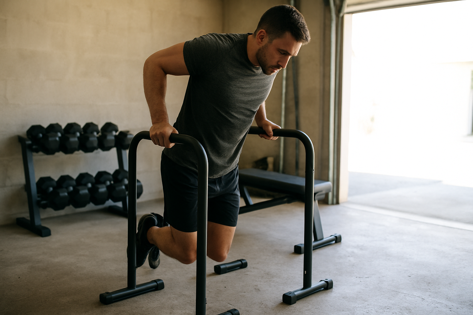 Dips barre réglable installée dans un garage, base stable et poignées antidérapantes