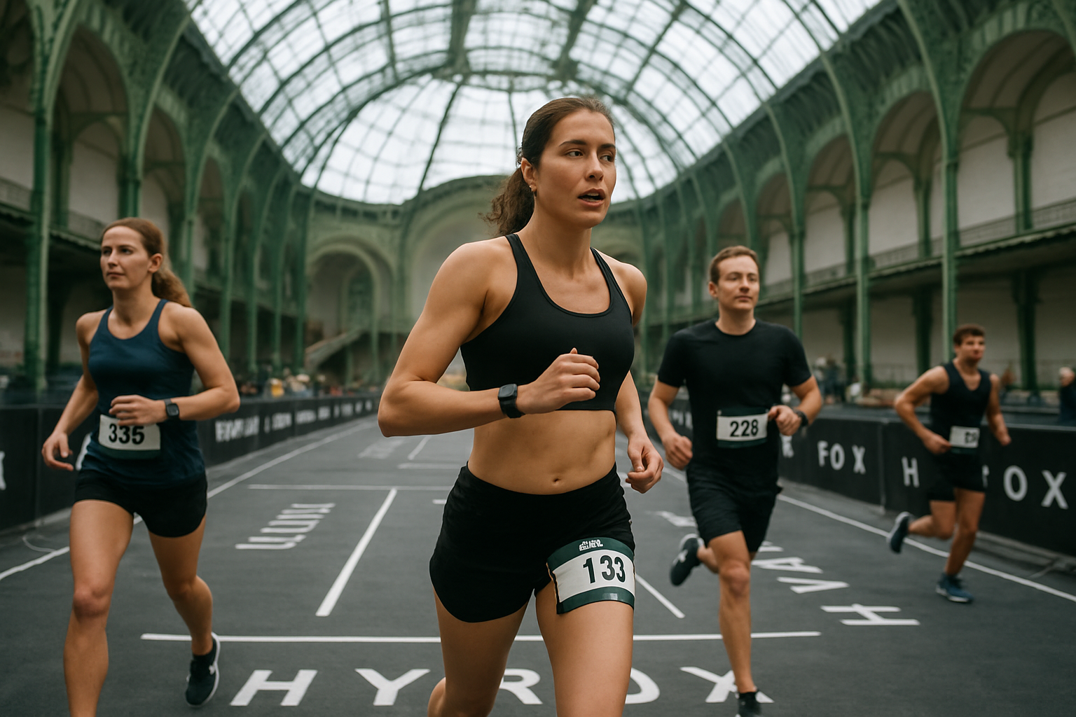 Athlètes en tenue de sport dans la nef du Grand Palais pendant une épreuve HYROX, ambiance couverte et éclairage de scène