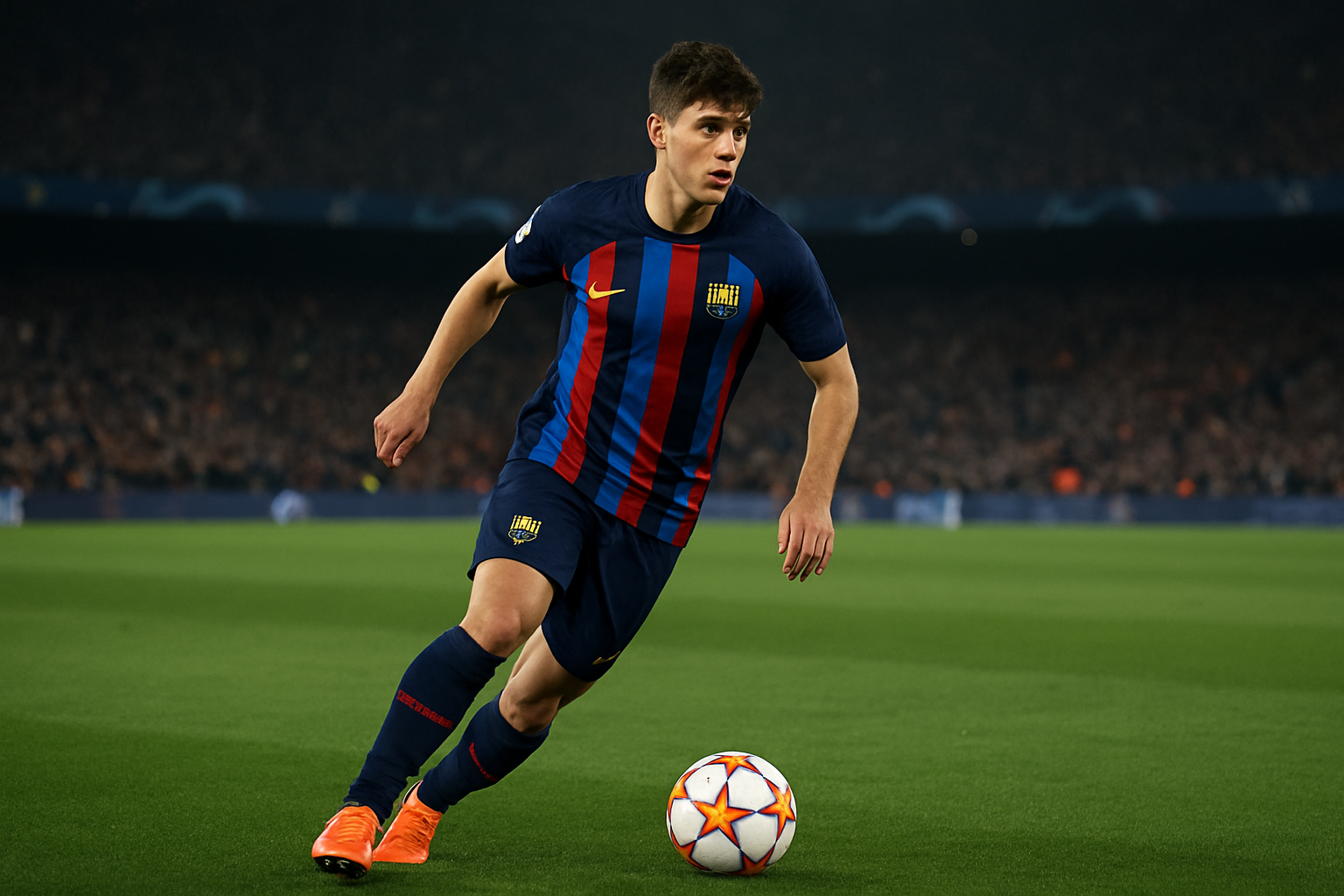 Lamine Yamal en tenue de match du FC Barcelone, lumière de stade, vue sur le terrain