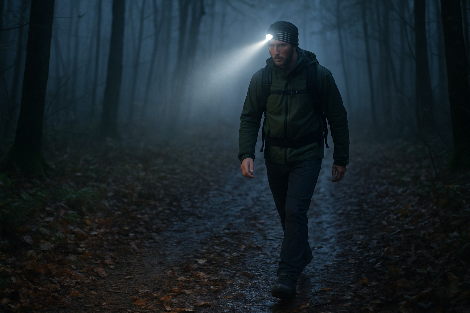 Randonnée nocturne avec une lampe frontale Petzl sur un sentier humide, faisceau visible et brouillard léger