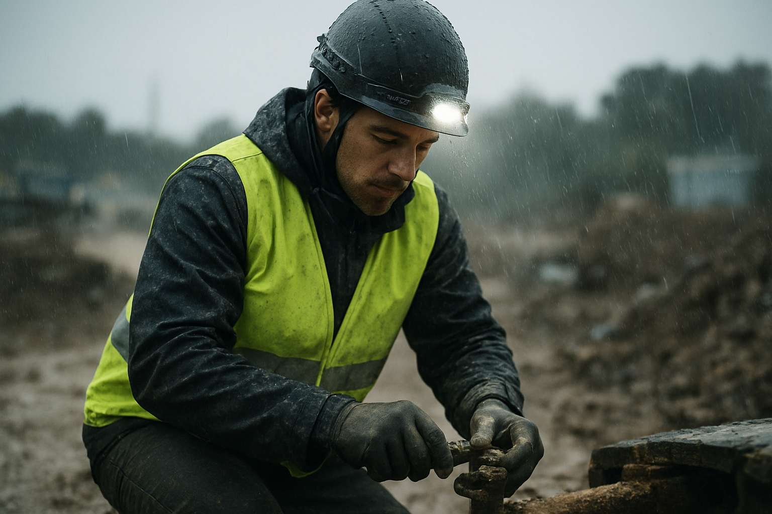 Technicien en environnement humide utilisant une lampe frontale Petzl avec faisceau stable sur un chantier