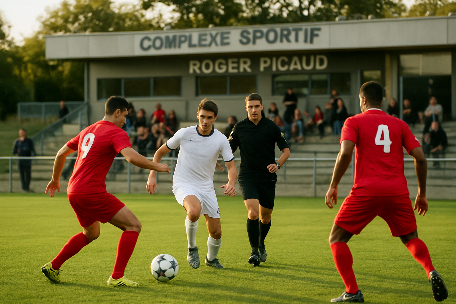 Match de football au Complexe Sportif de la Cholière – Roger Picaud à Orvault, avec joueurs en tenue et public en arrière-plan
