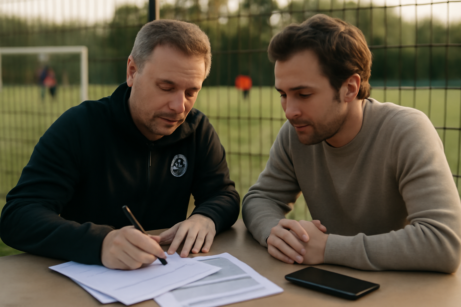 Parent et responsable de club vérifiant un devis de licence de football sur une table près d’un terrain, lumière naturelle