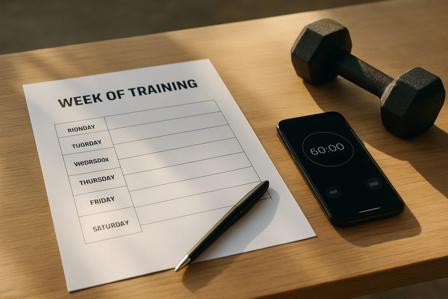 Fiche A4 de programme musculation semaine pdf imprimée sur une table avec un tableau de suivi RPE
