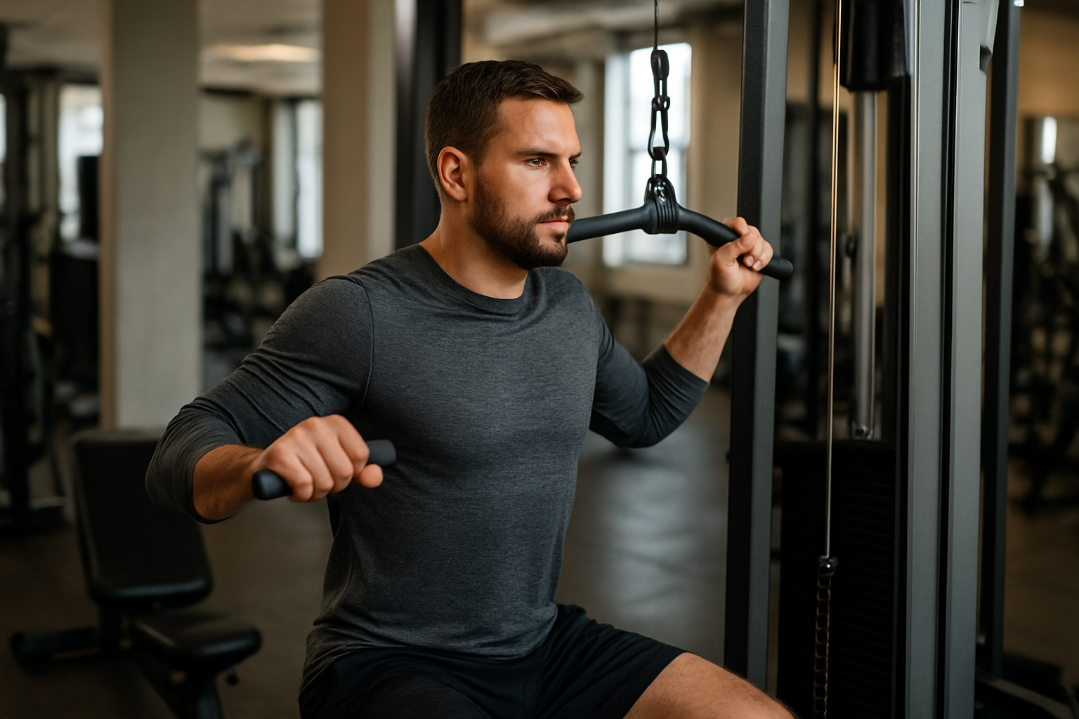 Personne exécutant un pull over à la poulie en salle de sport, buste gainé et épaules abaissées, 27 septembre 2026, lumière naturelle