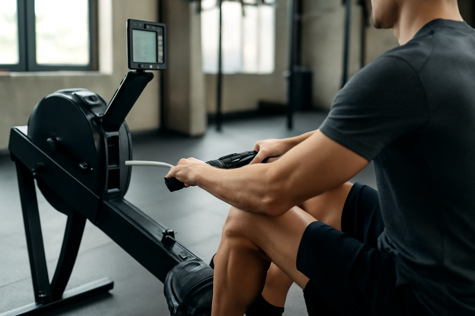 Ergomètre de rame en salle de sport, affichage de cadence et utilisateur en tenue de sport