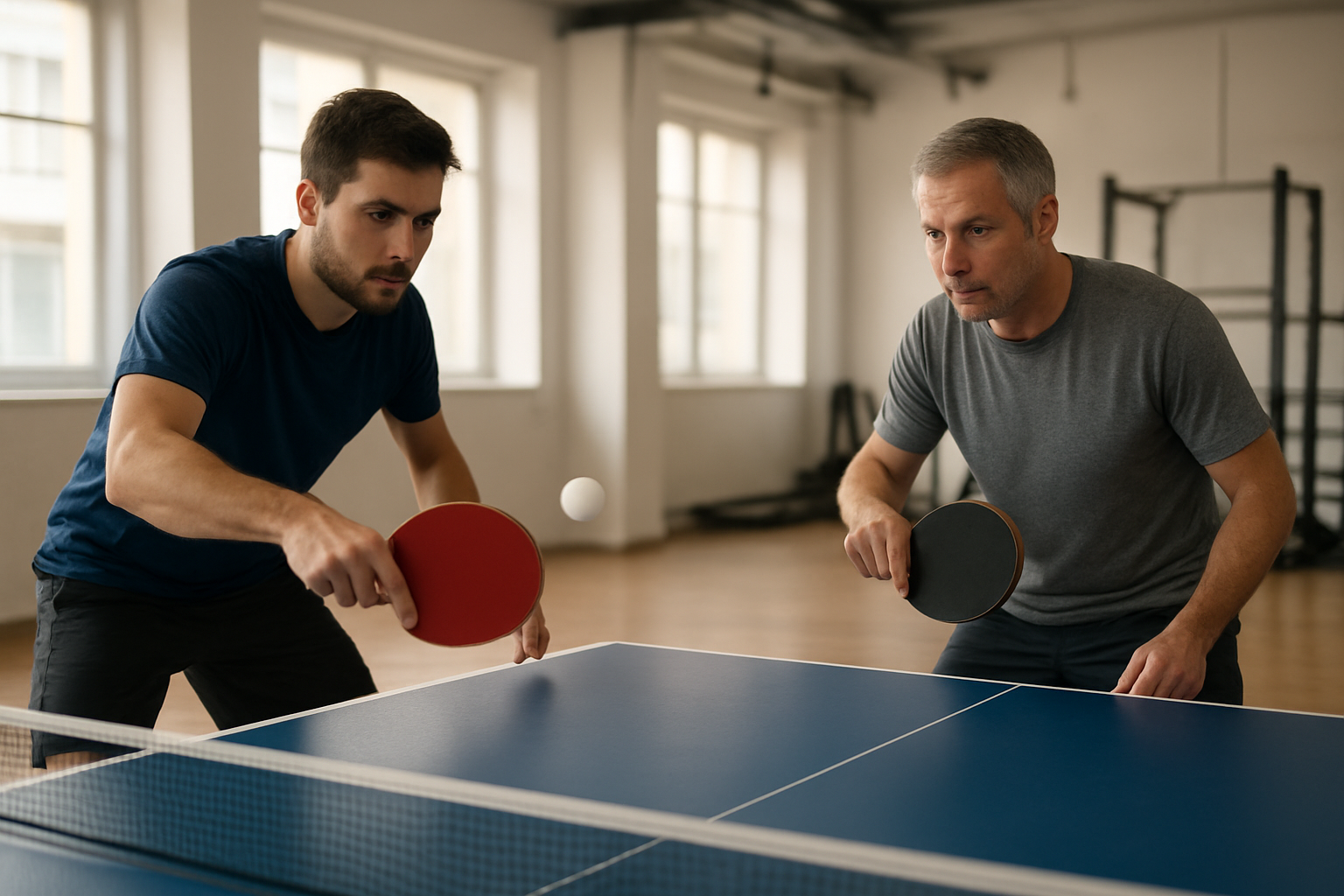 Joueur de tennis de table en salle, raquette et balle légère, éclairage naturel sur la table
