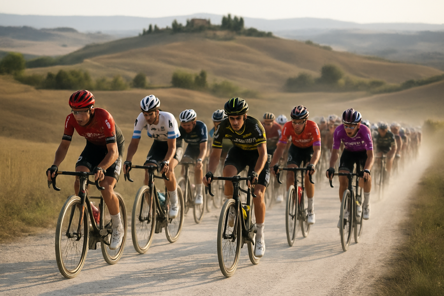 Coureurs cyclistes sur un chemin blanc en Toscane pendant la course Strade Bianche