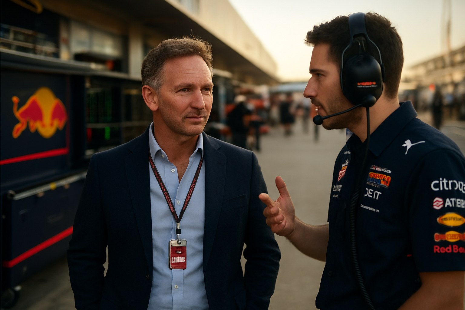Christian Horner, dirigeant de Formule 1, dans le paddock lors d’un Grand Prix, écran d’équipe et badges au cou, lumière de fin d’après-midi