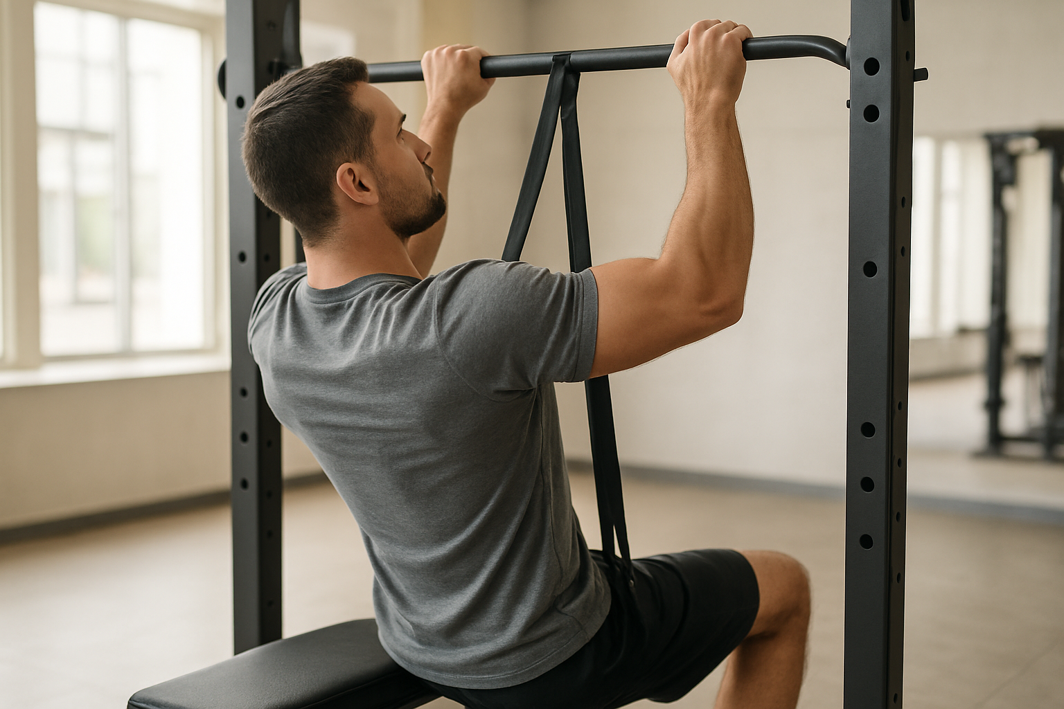 Élastique pour traction fixé sur une barre de traction en salle, exercice contrôlé