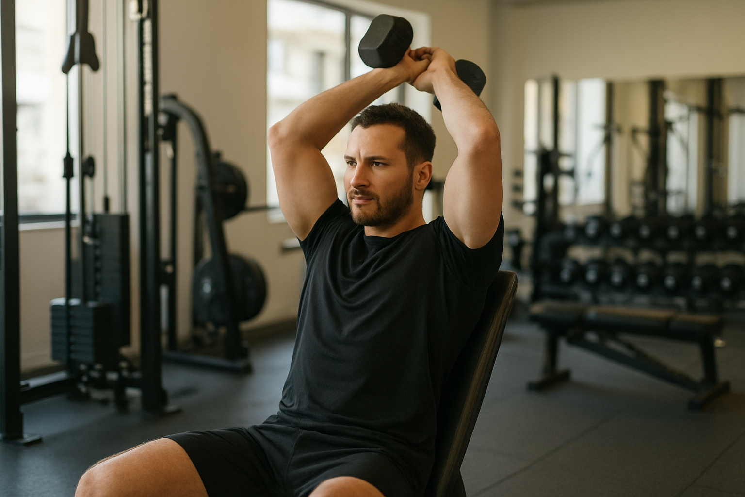 Photo réaliste d’un sportif en salle réalisant une extension au-dessus de la tête pour travailler les triceps