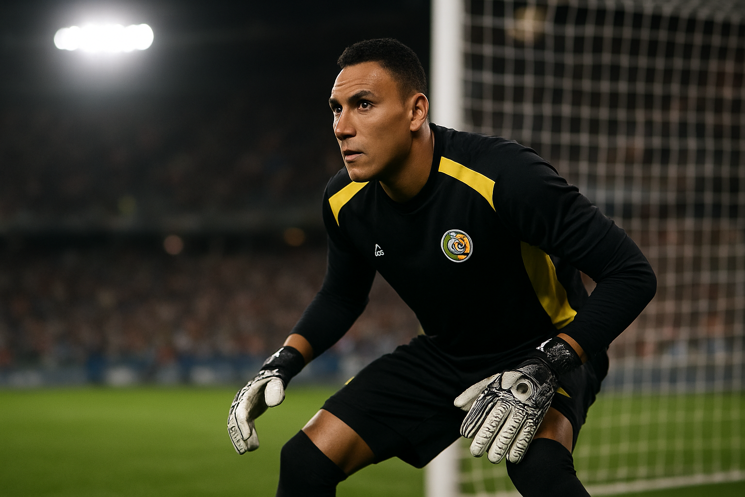 Keylor Navas, gardien costaricien, en tenue de match devant le but, ambiance stade sous projecteurs