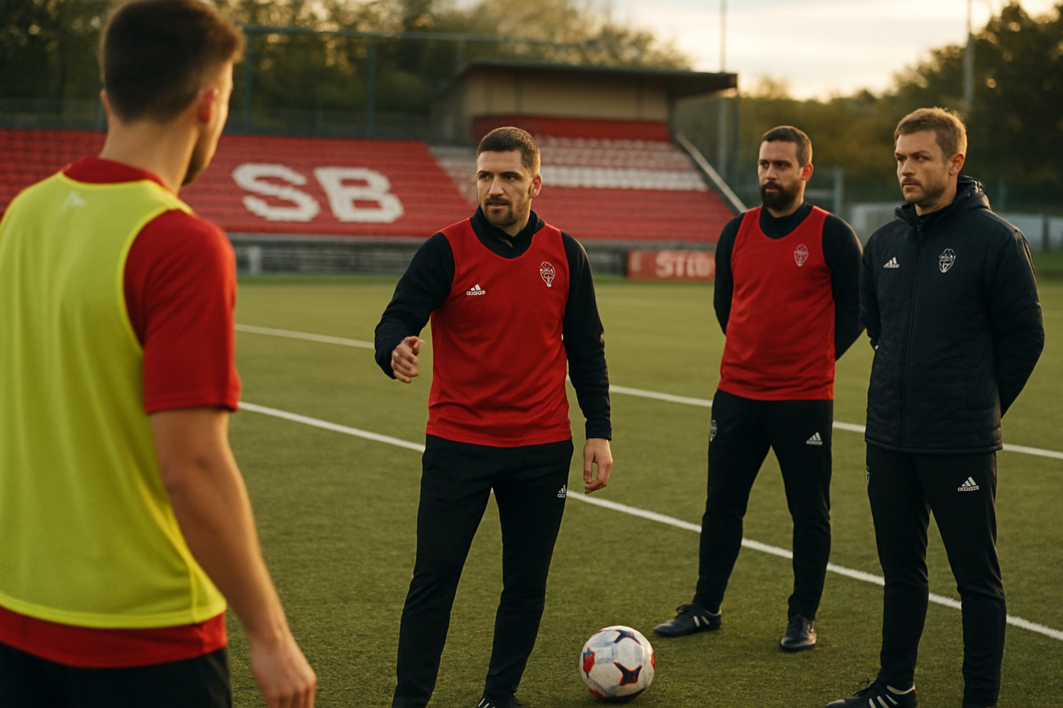 Stade Brestois observant un joueur pendant un entraînement sous la lumière du soir