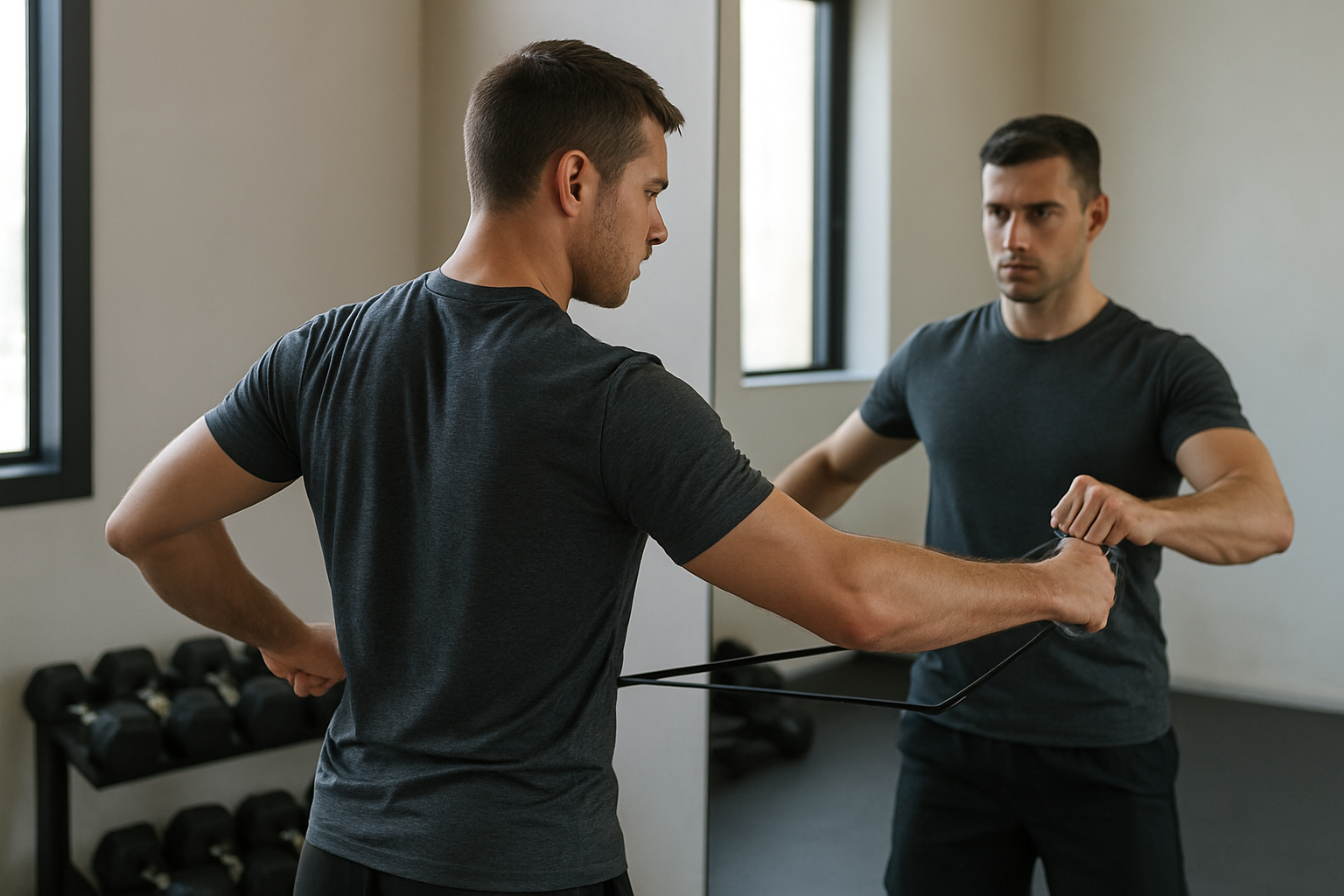 Illustration réaliste d’un sportif en salle, épaules et omoplate visibles pendant un exercice de rotation contrôlée