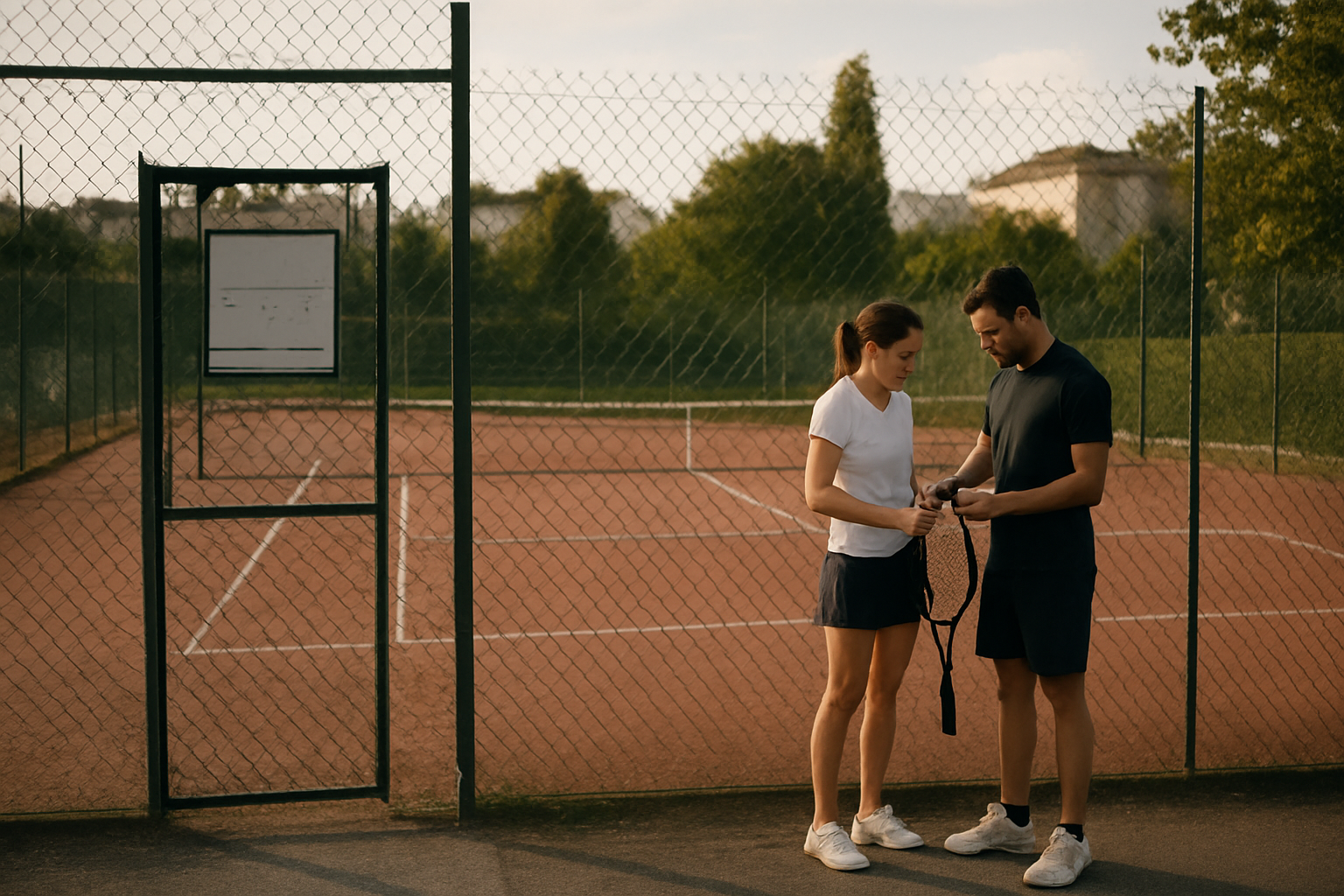 Terrain de tennis extérieur municipal avec clôture et panneau d’accès